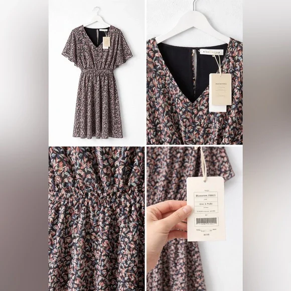 Floral V-Neck Midi Dress in Black and Pink - Picture 3 of 9